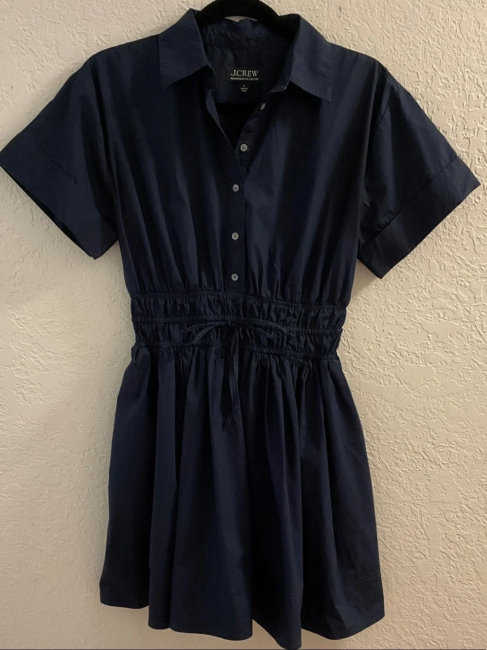 J. Crew Navy Drawstring Waist Cotton Shirt Dress with side pockets